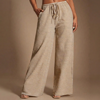 Ensemble coordonné style corset rayé beige pour femme avec pantalon large, haut sans manches boutonné et pantalon taille haute à cordon de serrage