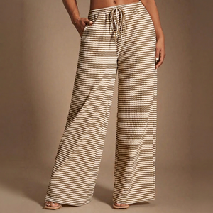 Womens Beige Striped Corset Style CoOrd <b>Set</b> with Wide Leg Pants Sleeveless Button Front Top & High Waist Drawstring Trousers - Product Image 1