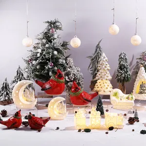 Serie de Navidad decoración del hogar Luz LED cerámica pájaros rojos regalo artesanías de Navidad adornos navideños