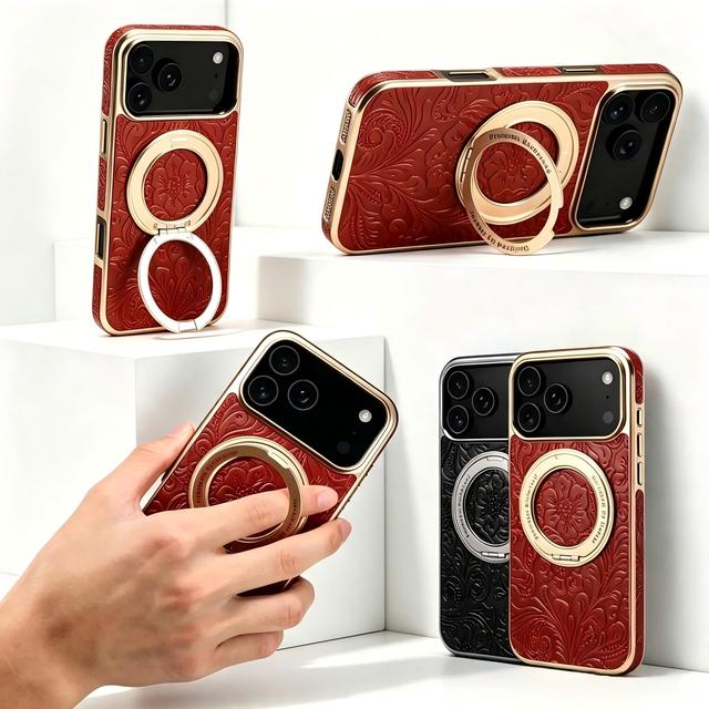 Luxury Genuine Leather Vintage Phone Case Magnetic Ring Holder Rotating Gear Stand Compatible for iPhone 15 16 17 18 Pro Max