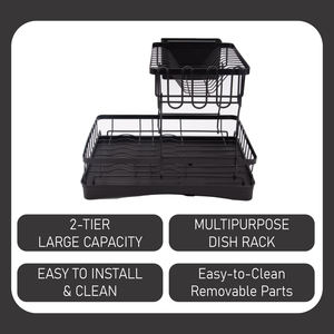 Escorredor de Louça de Metal Preto de 2 Níveis com Suporte para Copos e Talheres, Escorredor de Louça de Bancada para Pratos, Tigelas e Copos - Product Image 3