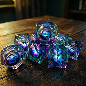 Juego de dados de resina de 7 piezas con núcleo líquido cian profundo transparente, borde afilado, ojo de dragón púrpura enredado y vena de llama para D&D COC RPG - Product Image 3