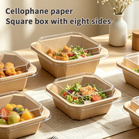 Boîtes d'emballage alimentaire jetables OEM en papier kraft écologique, conteneurs carrés et octogonaux avec couvercle transparent surélevé pour boulangerie et salades