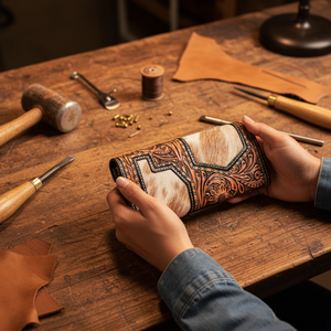 LW ใหม่ทําด้วยมือtooled bohoกระเป๋าสตางค์ช่องใส่เงินสดหนังแท้แฟชั่นตะวันตกผู้หญิงคลัทช์หนังวัวแฟชั่นตะวันตก - Product Image 1