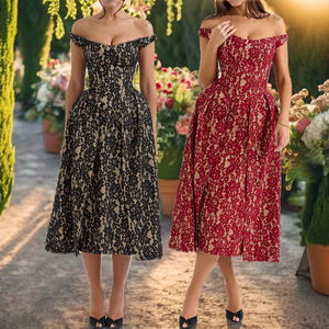 Women's Casual Off-the-Shoulder Backless A-Line Floor-Length <b>Spaghetti</b> <b>Strap</b> Floral Lace Print Skinny Fit Polyester Summer Party - Product Image 2