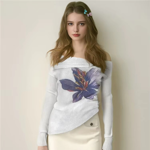 Camiseta de Manga Larga con Estampado Floral y Cuello Asimétrico, Ajuste Delgado, Elástica y Suave, Prenda Básica Informal para Primavera y Otoño para Mujer - Product Image 1