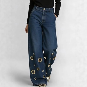 Nouveaux pantalons amples taille haute pour femmes européennes et américaines, jeans à design ajouré pour femmes, vente en gros - Product Image 5