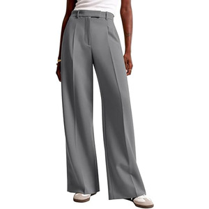 Pantalon de travail décontracté uni pour femme, taille haute, coupe droite, fermeture éclair, jambe large drapée, idéal pour l'été et le bureau, modèle ODM - Product Image 4