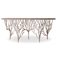 Table console moderne avec plateau en bois et base en acier inoxydable pour salon ou entrée de couloir