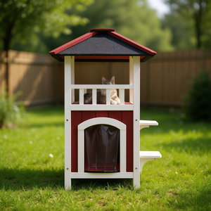 Maison pour chat en bois à 2 étages, toit en asphalte rouge et blanc, balcon, rideau anti-pluie, mobilier d'intérieur pour animaux de compagnie - Product Image 2