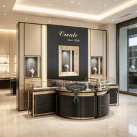 Vitrine de présentation de bijoux de luxe noire et dorée, vitrine en verre haut de gamme pour la vente de bijoux haut de gamme