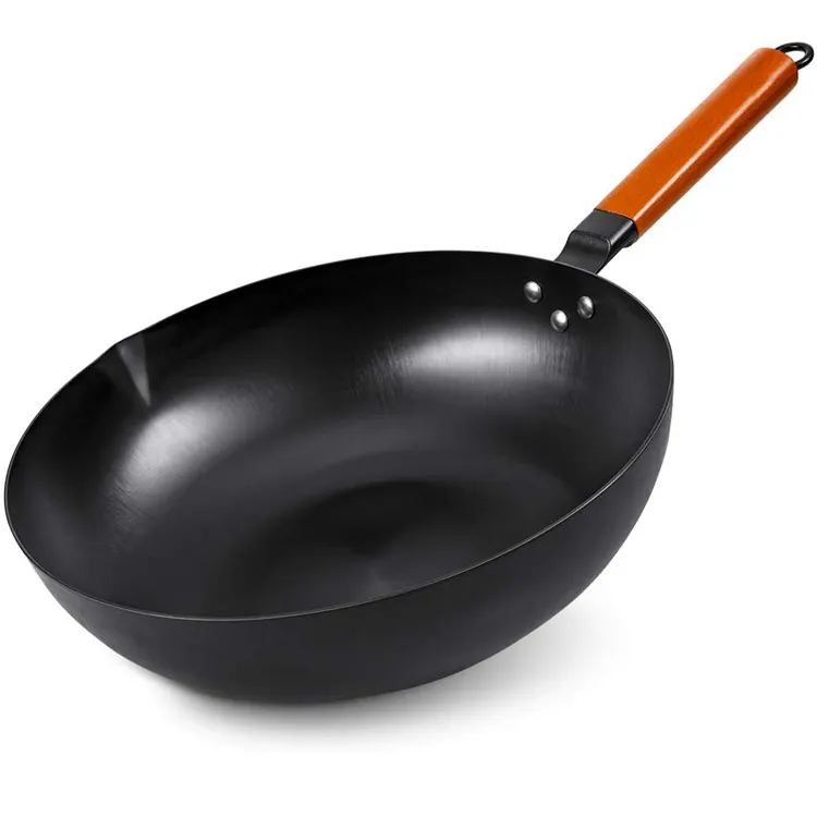 Lugar de origen de acero al carbono martillado a mano, wok app con mango de madera