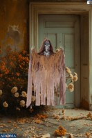 Décoration d'Halloween squelette flamboyant suspendu AROMA de 39 pouces avec lumières et son pour une ambiance effrayante et une scène hantée