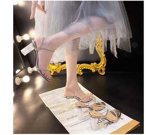 7.5 cm or argent chaussures à talons hauts bout rond boîte de nuit sandales transparentes clair talon carré sandales chaussures pour femmes - Product Image 6