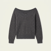 Pull en laine 100 % biologique personnalisé pour femme, élégant, col en V, épaules dénudées, tricoté, gris chiné, durable