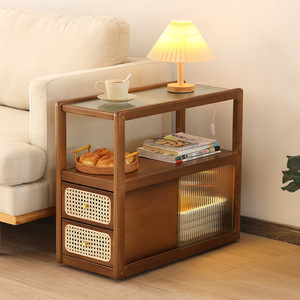 Japanese Style Movable Glass Side <b>Table</b> Rattan Sofa Cabinet Walnut Wood Coffee <b>Table</b> Living Room Corner <b>Table</b> New Design - Product Image 1