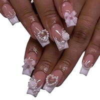 Faux ongles de luxe 3D roses à nœud, longs, forme cercueil, French manucure, stiletto, amande, perles, fleurs, réutilisables, couverture complète pour doigts