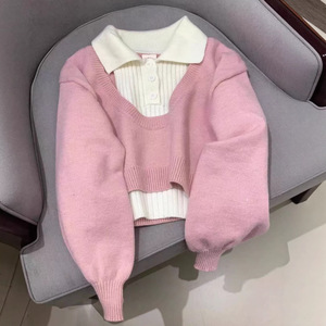 Pink Polo Collar <b>Sweater</b> <b>Set</b> For Women Knitted Two Piece Top Spring Autumn Solid Color Medium Thickness - Product Image 1