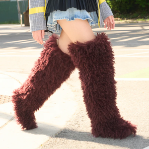 <strong>Womens</strong> <strong>Burgundy</strong> Faux Poodle Fur Over the Knee <strong>Boots</strong> Winter Flat <strong>Boots</strong> - Product Image 2