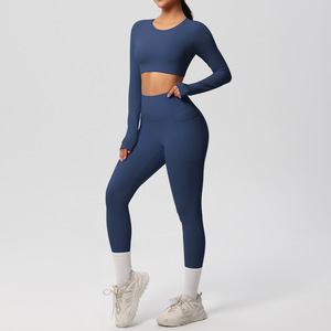 Ensembles de yoga pour femmes personnalisés, doux, brossés, unis, extensibles, respirants, légers, avec leggings taille haute et haut à manches longues, OEM - Product Image 2