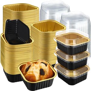 10 Oz Black Gold Disposable Baking Aluminum <b>Foil</b> Dessert <b>Container</b> Oven Safe Square Mousse Cake <b>Foil</b> Cup With Lids - Product Image 1