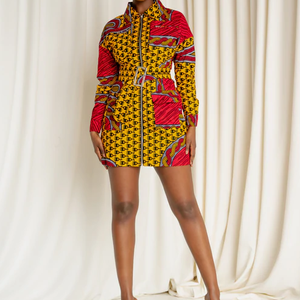 Mini robe cargo imprimée africaine Ankara Robe veste à manches longues Robe en coton imprimé <span class=keywords><strong>cire</strong></span> pour la nouvelle saison - Product Image 4