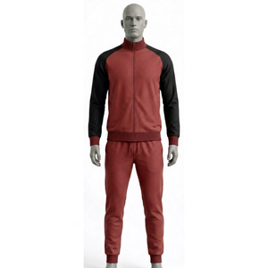 Survêtement décontracté pour homme en tricot rouge et noir à manches raglan zippées, col montant, coupe classique, idéal pour l'automne - Product Image 1