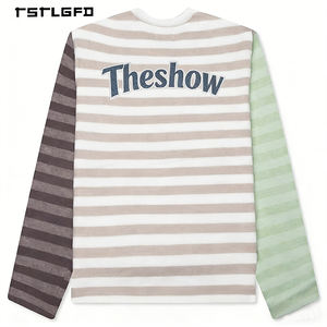 เสื้อยืดแขนยาวผู้ชายลายทางวินเทจทรงหลวมโอเวอร์ไซส์ แบบคอตก ผลิตตามสั่ง ถักทอจากผ้าฝ้าย/โพลีเอสเตอร์ 100% เป็นมิตรต่อสิ่งแวดล้อม - Product Image 2