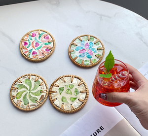 Wholesale Rattan Coasters with Shell Inlay, <b>Round</b> & Square Handwoven Drink Coasters for Cafe & Restaurant - Product Image 4