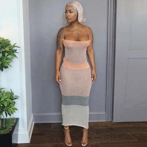 <span class=keywords><strong>Abito</strong></span> Midi Estivo con Spalline Sottili a Contrasto, Vestito Sexy Lavorato a <span class=keywords><strong>Maglia</strong></span> con <span class=keywords><strong>Schiena</strong></span> <span class=keywords><strong>Scoperta</strong></span> per Donna, Abbigliamento da Resort - Product Image 1