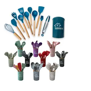 11 색 선택 12 조각 주방 가제트 실리콘 주방 액세서리 요리 기구 도구 나무 손잡이