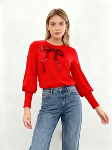 Maglione da Donna Primavera/Autunno in <span class=keywords><strong>Maglia</strong></span> Morbida Elasticizzata di Alta Qualità con <span class=keywords><strong>Grande</strong></span> Fiocco e Paillettes Ricamate, Maniche Lunghe, Pullover Plus Size - Product Image 4