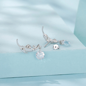 Pendientes de Gato Adorables, Chapados en Plata, Aleación, Cristal Redondo, Diamantes de Imitación, Forma de Animal, Joyería de Moda para Mujer, Regalo - Product Image 3