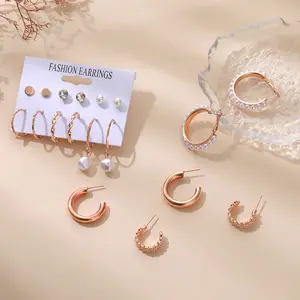 Accessories 6 Pairs/set 2024 Vintage Bohemia Simple Hoop Earrings Women's Alloy Pearl Earrings Set Jewelry Accessories