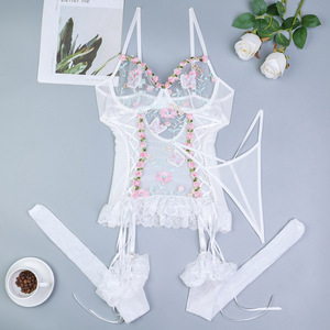 New Arrivals 3d Embroidered One Piece Bodysuit Wholesale Women's Lingerie Set With <b>Stockings</b> - Product Image 6