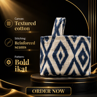 Sac fourre-tout en coton indigo ikat tissé à la main avec logo personnalisé, motif diamant artisanal, toile organique réutilisable, sac à bandoulière pour tous les jours