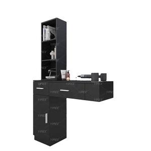 Mueble de Barbería Personalizado de Madera de Roble, Estación de Estilismo Negra, Mueble de Salón Montado en la Pared, Estación de Trabajo de Peluquería con Almacenamiento - Product Image 1