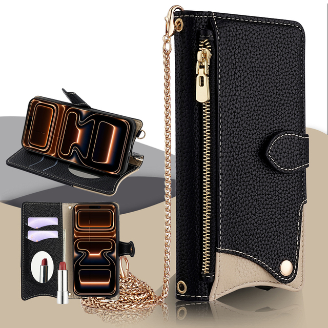Luxury Business PU+TPU Card Holder Mobile Phone Wallet Case with Long Strap Makeup Mirror for Iphone Samsung Huawei Oppo Vivo