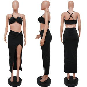 Conjunto de Top Corto Halter sin Espalda y Falda con Abertura de Color Liso, Sexy y a la Moda, Disponible en Stock para Salidas a Discotecas - Product Image 6