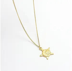 18K Gold plated Stainless Steel Women Big Cast Star Sun Moon In One Pendant Necklace