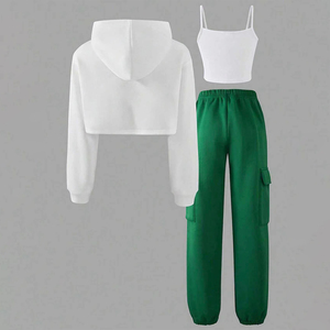 Conjunto de 3 Piezas para <span class=keywords><strong>Niñas</strong></span> Adolescentes: Sudadera Corta con Letras, Camiseta Blanca sin Mangas, <span class=keywords><strong>Pantalones</strong></span> <span class=keywords><strong>Jogger</strong></span> Cargo con Múltiples Bolsillos, Ropa Casual Infantil - Product Image 2