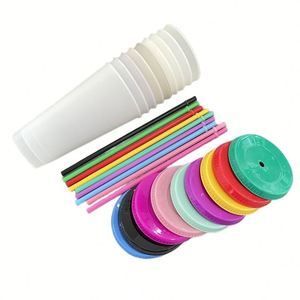 Wholesale <b>Colourful</b> 5Pcs 16 oz Cold <b>Cups</b> Reusable Plastic Drinking Tumbler 24 oz Color <b>Changing</b> <b>Cups</b> With Lid and Straw - Product Image 4