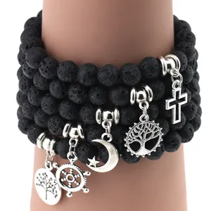 NC-160 élastique main bijoux 8mm lave pierre naturelle perles Note de musique feuille lune étoile croix vie arbre Hamsa main perlé Bracelet