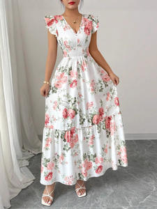 Robe longue trapèze élégante d'été pour femme, sans manches, col en V, imprimé floral, ourlet à volants, taille naturelle, idéale pour le bureau - Product Image 3