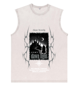 Chaleco Oversize Lavado con Gráfico de <span class=keywords><strong>Castillo</strong></span> Oscuro, Luna y Brújula, Estilo Retro Gótico Streetwear, con Texto 'Dawn Light', Top Hip Hop para <span class=keywords><strong>Hombre</strong></span>, Almacén de EE. UU. - Product Image 5