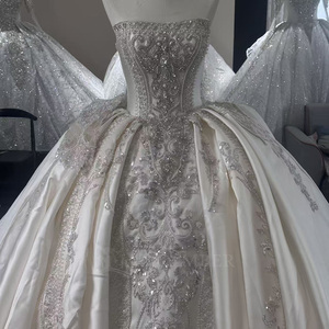 Wx388 Ivory Satin Wedding Dress Strapless Baroque <b>Silver</b> Beaded <b>Sequin</b> Ball Gown With Long Train Jancember - Product Image 4