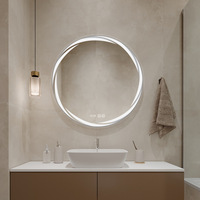Miroir de salle de bain rond moderne à LED, mural, anti-buée et éclairé, cadre en alliage d'aluminium classé IP65 pour les hôtels