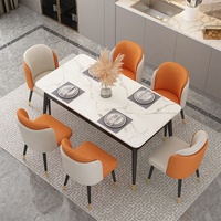 Ensemble de table à manger en pierre frittée effet marbre, rectangulaire, 6 places, chaises tubulaires, pieds en bois effilés, meubles de salle à manger pour la maison
