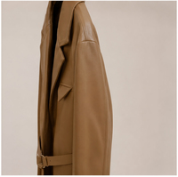 Blazer en cuir d'agneau mi-long pour femmes, marron, à revers crantés, avec ceinture à la taille et plusieurs poches, vêtement d'extérieur en peau de mouton