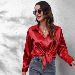 I-0711 Hot Selling Spring Summer Breathable Vintage Casual Woven Satin Tank <b>Top</b> for Women Solid Color Like-Silk Long Sleeve - Product Image 4